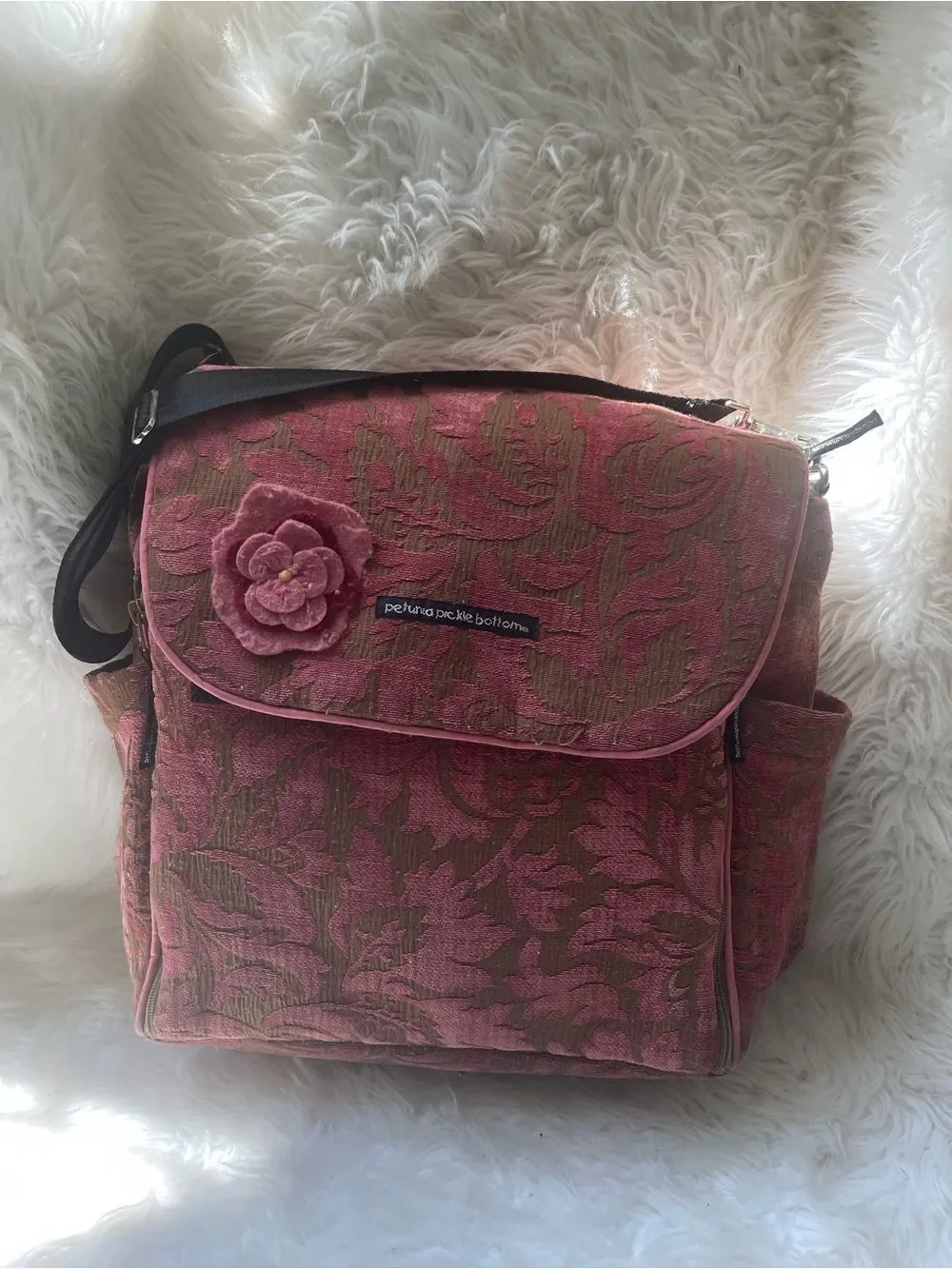 Petunia Pickle Bottom Pink Floral Jacquard Messenger Diaper Bag with Black Strap
